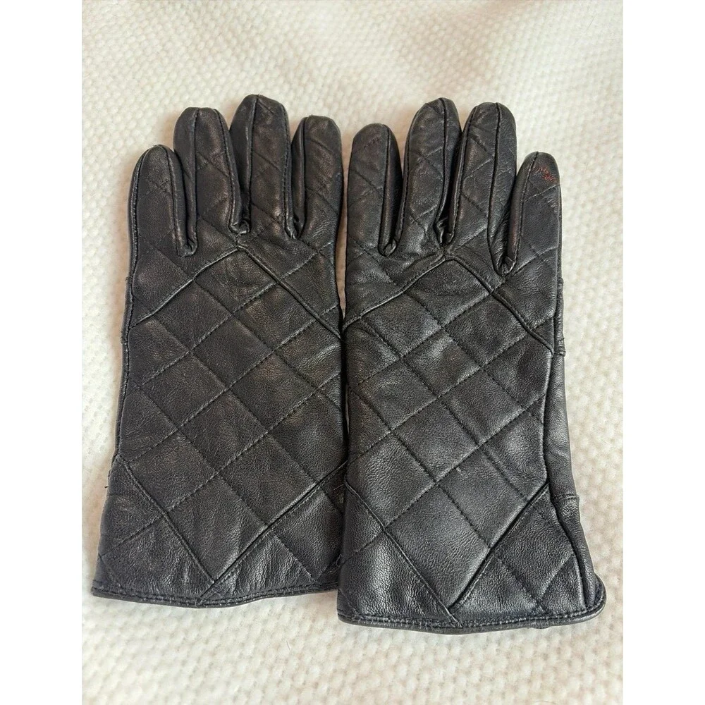 Women’s Medium 100% Genuine Leather Black Quilted Winter Gloves Polyester Lined